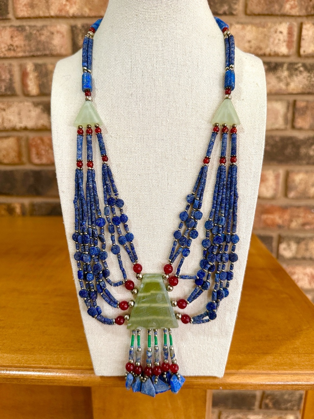 Natural Gem Lapis Jade Carnelian & Silver beaded Ethnic Style Statement Necklace